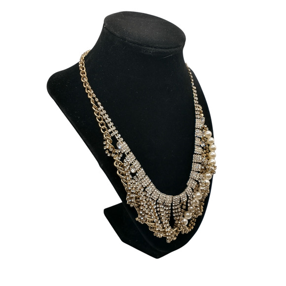 BR Mixed Media 19.5" Necklace Gold Tone Rhinestones Faux Pearls Sparkle Occasion - Picture 7 of 8